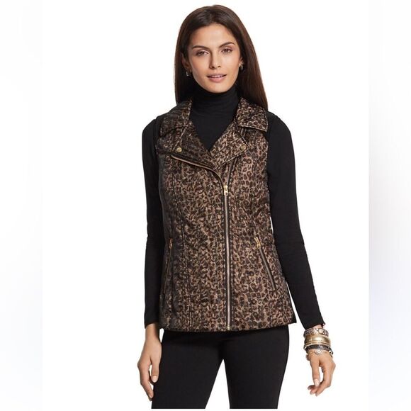 Chico’s velveteen leopard mix zip up vest with gold hardware size 2 - Picture 1 of 8